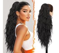 BARSDAR Noir Brun Cordon Queue de Cheval Extension, 66cm Longue Bouclé Ondulées Queue de Cheval Extension de Cheveux pour Femme, Synthétique Cordon Clip en Queue de Cheval Postiche, Noir Brun