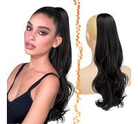 BARSDAR Noir Marron Ondulés Queue de Cheval Extension avec Cordon, 50cm Peigne Clip in Queue de Cheval Extension Cheveux pour Femmes Synthétique Aspect Naturel Bouclés Épais Postiche Ponytail