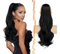 BARSDAR Noir Ondulés Queue de Cheval Extension avec Cordon, 50cm Peigne Clip in Queue de Cheval Extension Cheveux pour Femmes Synthétique Aspect Naturel Bouclés Épais Noir Postiche Ponytail