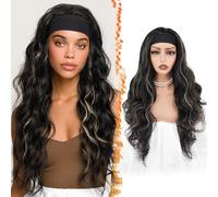 BARSDAR Ondulée Bandeau Perruque, 66cm Longue Body Ondulée Synthétique Headband Perruque pour Femme Hair Wig D'aspect Naturelle Glueless Easy Wear Cheveux Perruques - Noir avec Blond Highlight