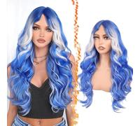BARSDAR Perruque Longue Ondulée Bleu Platine Blond avec Frange, 71 cm Bleu Blond Ombre Highlight Perruques pour Femme Aspect Naturel Synthétiques Cheveux Perruque Halloween Costume Perruques