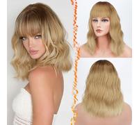 BARSDAR Perruque Ondulée Pastel Moelleuse avec Frange, 14 pouces Doux Cheveux Synthétiques Longueur d'épaule Cosplay Party Perruques pour Femme/Fille- Blond et Racines Foncées