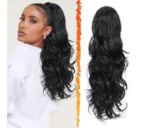 BARSDAR Postiche Queue de Cheval Extnsion Noir, Extension de Cheveux Ponytail avec Cordon pour Femmes 50cm Bouclée Ondulée Queue de Cheval Synthétique Clip en Postiche Cheveux - Noir Naturel