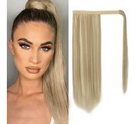 BARSDAR Raides Wrap Queue de Cheval Extension, 46cm Longue Raides Wrap Around Queue de Cheval pour Femmes Synthétique Blond Clip in Ponytail Extension Cheveux Postiche - Clair Cendre Blond Mixte