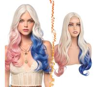 BARSDAR Rose et Bleu Longue Ondulée Perruques, Costume Perruque Synthétiques Longue Ondulée Middle Part Rose Bleu Blond Perruque pour Femmes 71cm Aspect Naturel Perruques Cosplay