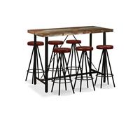 vidaXL Ensemble de Bar 7 pcs Bois Massif Recyclé et Cuir Véritable Tabourets Brun