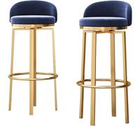 Barstols Set tabourets à comptoir pivotant Chaise de Bar Velours rembourré avec Dossier Bas, Repose-Pieds Jambes en métal doré, Hauteur du siè (Bleu, 65 cm)
