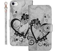 Bartern Coque Apple iPhone SE 2020/SE 2022 Rabat,Housse iPhone 8/7 Clapet,Aimer/Cœur+Fleurs Portefeuille Etui avec Fonction Support et Porte-Carte,Marbrure Cuir PU Flip Cover Case.Noir