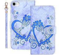 Bartern Coque Apple iPhone SE 2020/SE 2022 Rabat,Housse iPhone 8/7 Clapet,Aimer/Cœur+Fleurs Portefeuille Etui avec Fonction Support et Porte-Carte,Marbrure Cuir PU Flip Cover Case.Bleu
