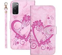 Bartern Coque Samsung Galaxy S20 FE 5G Rabat,Housse Samsung S20 FE 5G Clapet,Aimer/Cœur+Fleurs Portefeuille Etui avec Fonction Support et Porte-Carte,Marbrure Cuir PU Flip Cover Case.Rose