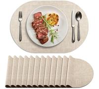 BARTHKIT Lot de 12 sets de table ovales lavables et résistants à la chaleur en similicuir antidérapants et imperméables pour intérieur et extérieur Beige