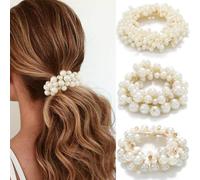 BARTOSI Lot de 3 chouchous élastiques à cheveux avec perles blanches pour queue de cheval pour femmes et filles