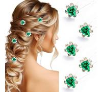 Bartosi Lot de 5 épingles à cheveux en forme de U en forme de fleur avec strass verts - Accessoires pour cheveux pour femme et fille