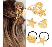 BARTOSI Lot de 5 pinces à cheveux en forme d'étoile de mer avec coquillages dorés et étoiles de mer pour femmes et filles
