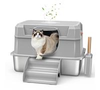 Bartuke Bac à litière pour Chat en Acier Inoxydable avec Couvercle, bac à litière XXL Amovible en métal avec Couvercle, Pelle, marchepied, Non Collant, sans Odeur, Facile à Nettoyer (Gris Clair)