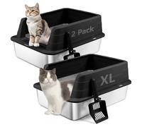 Bartuke Bac à litière pour Chat en Acier Inoxydable avec Pelle, bac à litière à Bords Hauts pour éviter Les éclaboussures, sans Odeur, Non Collant, Facile à Nettoyer (Noir, 2 unité)