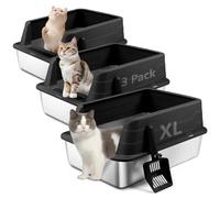 Bartuke Bac à litière pour Chat en Acier Inoxydable avec Pelle, bac à litière à Bords Hauts pour éviter Les éclaboussures, sans Odeur, Non Collant, Facile à Nettoyer (Noir, 3 unité)