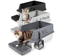 Bartuke Bac à litière pour Chat en Acier Inoxydable avec Pelle, bac à litière à Bords Hauts pour éviter Les éclaboussures, sans Odeur, Non Collant, Facile à Nettoyer (Gris foncé & Gris Clair & Noir)