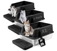 Bartuke Bac à litière pour Chat en Acier Inoxydable avec Pelle, bac à litière à Bords Hauts pour éviter Les éclaboussures, sans Odeur, Non Collant, Facile à Nettoyer (Noir, 3 unité)