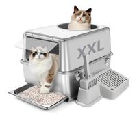 Bartuke bac à litière pour Chat en Acier Inoxydable, bac à litière fermé avec côtés Hauts, tiroir Coulissant, Pelle, pédale de filtrage, entrée par Le Haut et Le côté, Non Collant, Nettoyage Facile