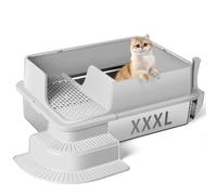 Bartuke Bac à litière pour Chat Semi-fermé en Acier Inoxydable - Taille XXXL - 70 x 50 x 30 cm - Paroi latérale Haute - avec Passage filtré - Marches - Pelle - Non adhésive - Nettoyage Facile - Gris