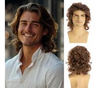 Baruisi Perruque courte bouclée marron clair pour homme