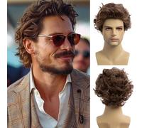 Baruisi Perruque courte marron pour homme - Cheveux bouclés naturels - Perruque de rechange pour cosplay