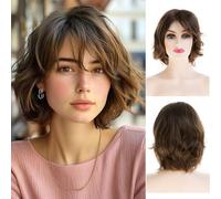 Baruisi Perruque courte ondulée marron synthétique avec frange pour usage quotidien, fête, cosplay