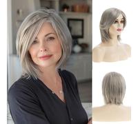 Baruisi Perruque synthétique courte ondulée beige gris pour femme