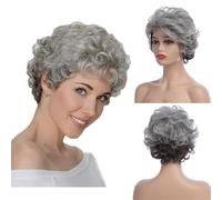 Baruisi Perruques courtes et pelucheuses grises pour femme - Aspect naturel - Cheveux synthétiques courts et bouclés