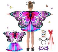 BARVERE Deguisement Papillon Fille, Deguisement Carnaval Enfant Set avec Ailes de Papillon, Masque pour Les Yeux et Autocollant Papillon, Ailes de Papillon pour Enfant avec Jupe pour Carnaval