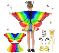 BARVERE Deguisement Papillon Fille, Deguisement Carnaval Enfant Set avec Ailes de Papillon, Masque pour Les Yeux et Autocollant Papillon, Ailes de Papillon pour Enfant avec Jupe pour Carnaval