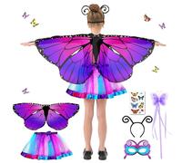 BARVERE Deguisement Papillon Fille, Deguisement Carnaval Enfant Set avec Ailes de Papillon, Masque pour Les Yeux et Autocollant Papillon, Ailes de Papillon pour Enfant avec Jupe pour Carnaval