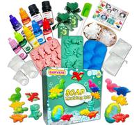 BARVERE Kit Fabrication Savon Enfants, Dino Set avec 500g Savon, 14 Formes, 7 Pigments, 2 Huiles Essentielles, 2 Sacs et Outils de Bricolage, Kit de Bricolage pour Adultes et Enfant