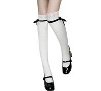 Bas de cuisse longs en coton tendance et élégants pour femmes étudiantes avec bordure en dentelle et nœud sur le genou Chaussettes montantes en dentelle, blanc, Taille unique