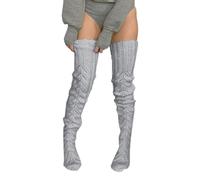 Bas de cuisse tricotés de couleur unie avec motifs en maille creuse extensibles au-dessus du genou Chaussettes longues jambières pour femme, gris, Taille unique