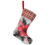 Bas de Noël hibiscus rouge avec revers à paillettes pour sapin de Noël, chaussettes de Noël personnalisées à suspendre pour décorations de cheminée de Noël
