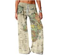 Bas De Pyjama Femme,Bas De Pyjama Doux Et Confortable pour Femme Imprimé Carte du Monde Vintage Kaki Stretch Cordon De Serrage Pantalon De Sommeil Jambe Large Pantalon De Yoga Pantalon De Yoga Home