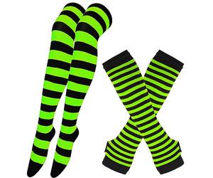 Bas rayés au-dessus du genou avec manchons pour bras Femme Chaussettes longues à rayures Manches Chaussettes Chaussettes à genou Chaussettes hautes Gants sans doigts Ensemble de manchons pour genoux