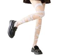 Bas résille pour femme - Chaussettes hautes irrégulières en lambeaux au-dessus du genou, blanc, Over knee socks