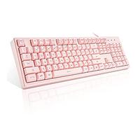 Basaltech Clavier rose avec rétroéclairage LED 7 couleurs, 104 touches silencieuses, silencieuses, clavier de jeu 19 touches anti-ghosting pas cher, sensation mécanique étanche, câble USB pour