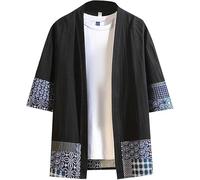Bascabeen Japan Ninja Haori Veste légère Happi Kimono pour homme Vêtement traditionnel chinois Cardigan d'été Manches 3/4 Veste kimono en coton et lin Veste mi-saison, Noir , XXXXL