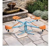 Bascule à quatre enfants 183 cm, structure acier et plastique, assises bleu profond et orange, revêtement anti-UV, usage jardin