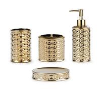 BASDHE Ensemble d'accessoires de salle de bain doré 4 pièces avec distributeur de lotion, porte-brosse à dents, gobelet et porte-savon