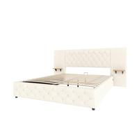 Base de lit rembourrée design avec tête stylisée boutons tissus,bande lumineuse LED réglable à distance,sommier bois lattes flexibles,espace rangement levage hydraulique,ports USB (Beige,160x200cm)
