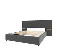 Base de lit rembourrée design avec tête stylisée boutons tissus,bande lumineuse LED réglable à distance,sommier bois lattes flexibles,espace rangement levage hydraulique,ports USB (Gris,140x200cm)