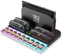 Base de Stockage pour Nintendo Switch 2 JoyCon, poignée pour NS2, lumière RVB, indicateurs LED, 9 emplacements pour Cartes, Station de Chargement Switch 2 avec câble de Chargement USB