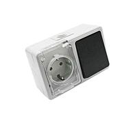 Base Schuko étanche avec commutateur, 16 A, 250 V, idéale pour l'extérieur et les environnements humides, fournit une connexion sécurisée et un contrôle de l'énergie.