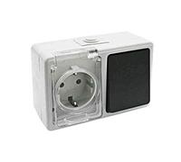 Base Schuko étanche avec commutateur, idéale pour les environnements humides et extérieurs, offre sécurité et contrôle de l'énergie.