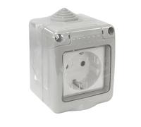 Base Schuko étanche IP55 16 A 250 V, parfaite pour l'extérieur et les environnements humides. Protège les connexions électriques de la poussière et de l'eau.